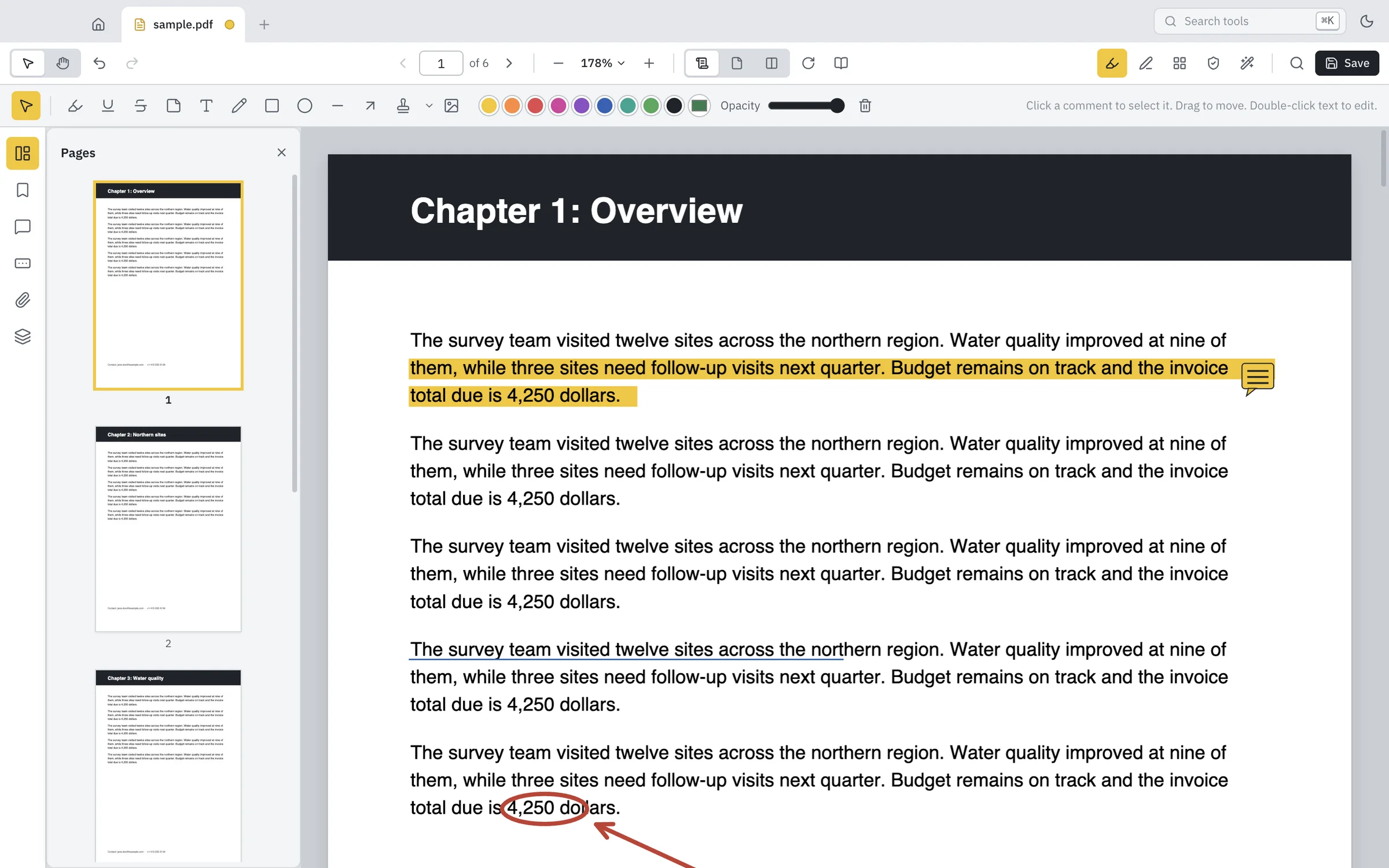 PDF Studio with highlights, a note, a stamp and drawing on a report
