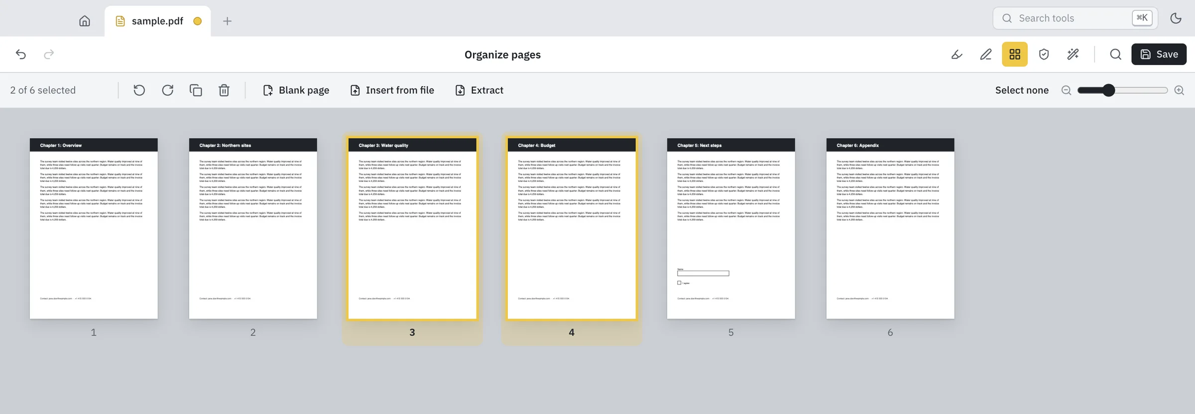 Organize pages grid with two pages selected