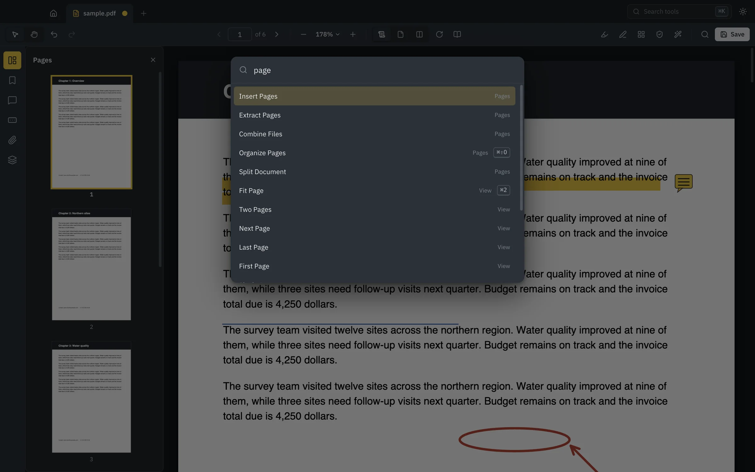 Command palette searching for page tools