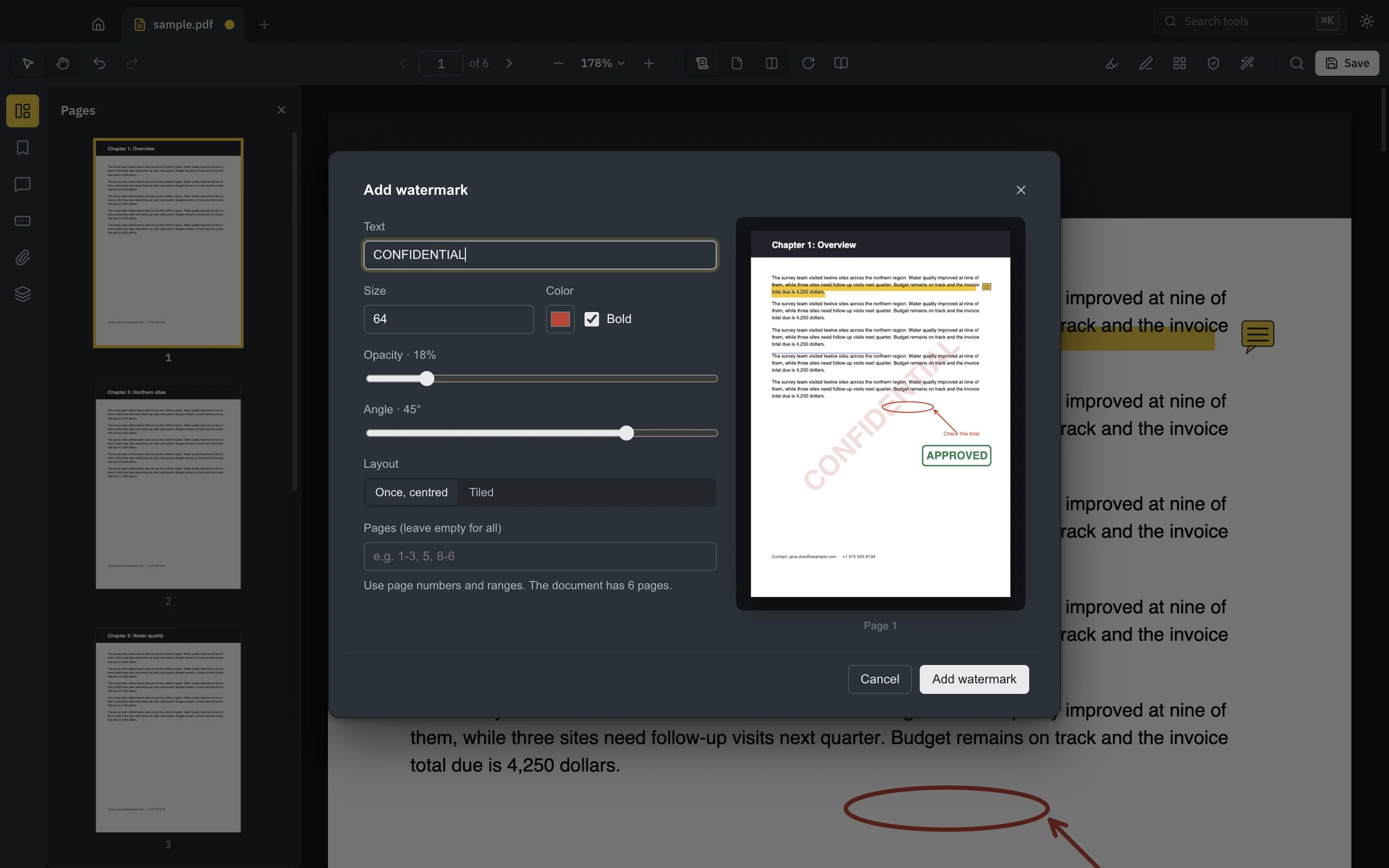 Watermark dialog with a live page preview, in the dark theme